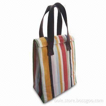 Canvas Cooler Bag with Stripe Print Design, Cotton Handle, Velcro Closure and Cooling Lining